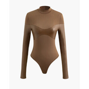 MICAS Mock Neck Faux Leather Paneled Long Sleeve Bodysuit Brown sz Large